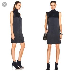 Navy Silk Shift Dress with Turtleneck